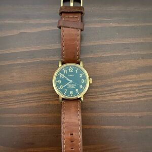 Timex Waterbury Watch Men’s Indiglo 40mm Gold Tone Green Dial Brown Leather Band